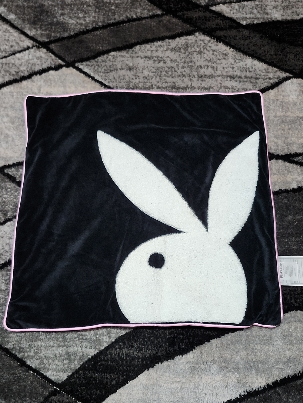 PLAYBOY BUNNY EMBROIDERED BUNNY/DOUBLE SIDED MONOGRAM BLACK SQUARE PILLOW-CASE